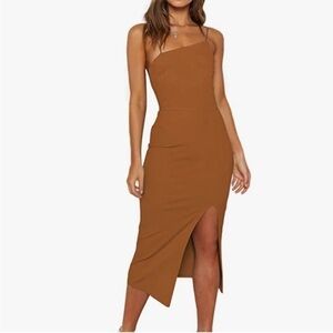 LYANER Asymmetrical Thin Strap Bodycon Split Hem Brown MIDI Dress Size L…